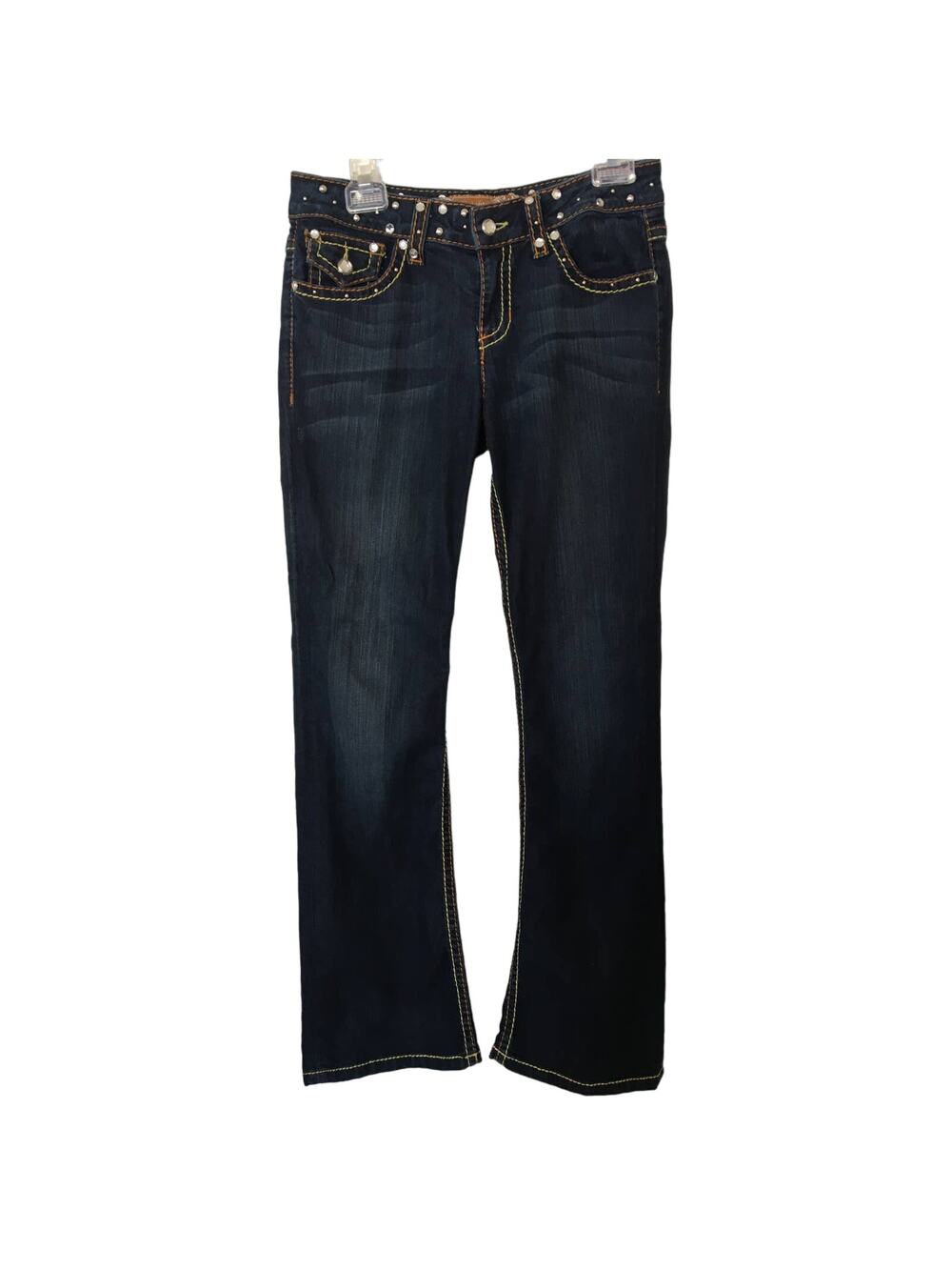UKnighted Denim Size 6 Blinged Out Flared Jeans With Orange and Yellow Stitching